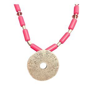 Chico's Necklace Jewelry Statement 33" Adjustable Pink Silver Tone Hammered Long